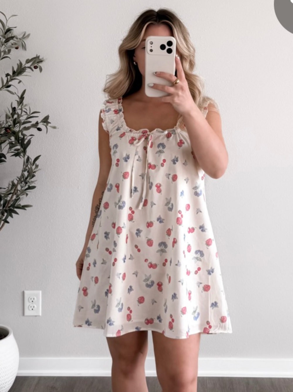 Cream Babydoll Dress with Cherry & Fruit Print